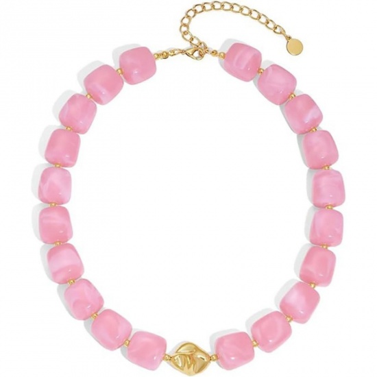 Immagine di Rosa Collana di Perline All'Ingrosso, Placcato Oro 18K Acciaio Inossidabile & Resina, Donne Etnico Boemia Regalo Gioielli Per Rivenditore, 40cm + 5cm Lunghezza, 1 Pz