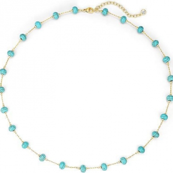 Picture of Wholesale Abacus Green Blue Natural Turquoise Station Necklace, 18K Gold Plated 304 Stainless Steel Beaded Chain, Women's Boho Chic Bohemia Ethnic Style Gift Jewelry For Retailer, 45cm(17.7") + 5cm(2") long, 1 Piece ( 2 PCs/Set)