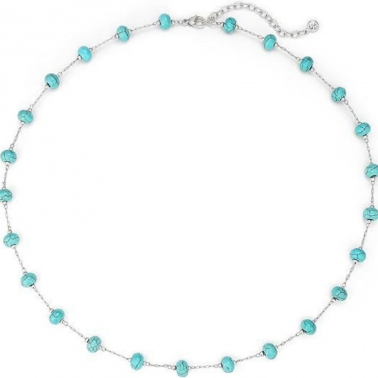 Picture of Wholesale Abacus Green Blue Natural Turquoise Station Necklace, Silver Tone 304 Stainless Steel Beaded Chain, Women's Boho Chic Bohemia Ethnic Style Gift Jewelry For Retailer, 45cm(17.7") + 5cm(2") long, 1 Piece