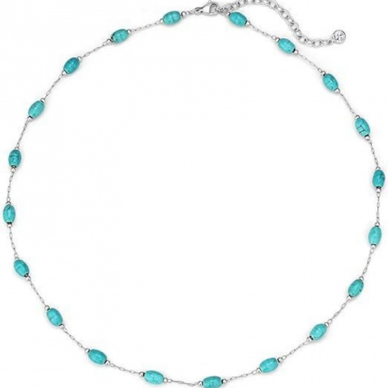 Picture of Wholesale Oval Green Blue Natural Turquoise Station Necklace, Silver Tone 304 Stainless Steel Beaded Chain, Women's Boho Chic Bohemia Ethnic Style Gift Jewelry For Retailer, 45cm(17.7") + 5cm(2") long, 1 Piece
