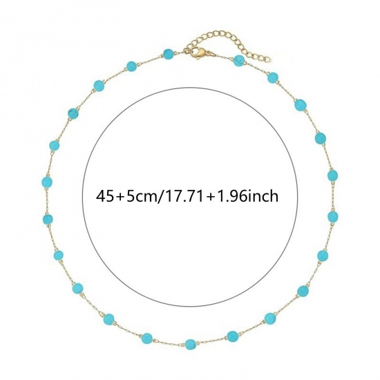 Picture of Wholesale Round Green Blue Natural Turquoise Station Necklace, 18K Gold Plated 304 Stainless Steel Beaded Chain, Women's Boho Chic Bohemia Ethnic Style Gift Jewelry For Retailer, 45cm(17.7") + 5cm(2") long, 1 Piece