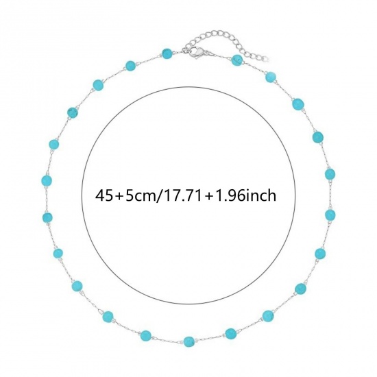 Picture of Wholesale Round Green Blue Natural Turquoise Station Necklace, Silver Tone 304 Stainless Steel Beaded Chain, Women's Boho Chic Bohemia Ethnic Style Gift Jewelry For Retailer, 45cm(17.7") + 5cm(2") long, 1 Piece