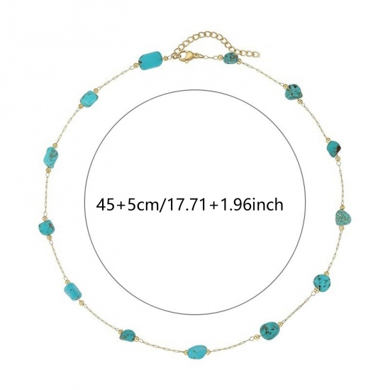 Picture of Wholesale Irregular Green Blue Natural Turquoise Station Necklace, 18K Gold Plated 304 Stainless Steel Beaded Chain, Women's Boho Chic Bohemia Ethnic Style Gift Jewelry For Retailer, 45cm(17.7") + 5cm(2") long, 1 Piece