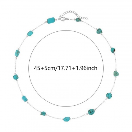 Bild von Großhandel Unregelmäßig Cyan Natürlicher Türkis Station Halskette, Silberfarbe 304 Edelstahl Perlenkette, Frauen Böhmischer Stil Ethnischer Stil Geschenk Schmuck für Einzelhändler, 45cm + 5cm lang, 1 Strang