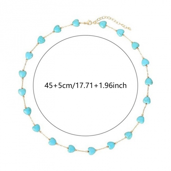 Picture of Wholesale Heart Green Blue Natural Turquoise Station Necklace, 18K Gold Plated 304 Stainless Steel Beaded Chain, Women's Boho Chic Bohemia Ethnic Style Gift Jewelry For Retailer, 45cm(17.7") + 5cm(2") long, 1 Piece