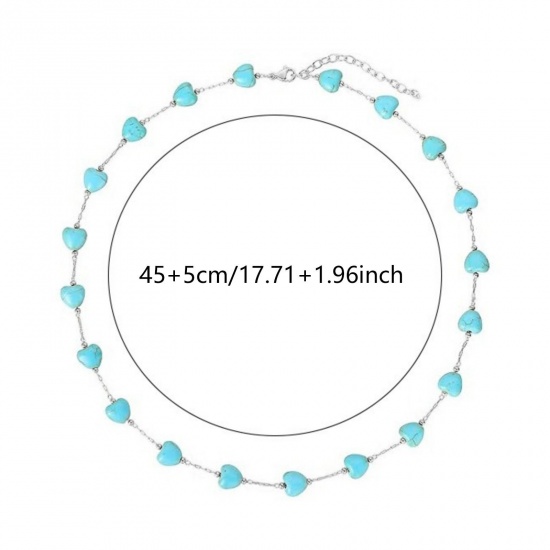 Picture of Wholesale Heart Green Blue Natural Turquoise Station Necklace, Silver Tone 304 Stainless Steel Beaded Chain, Women's Boho Chic Bohemia Ethnic Style Gift Jewelry For Retailer, 45cm(17.7") + 5cm(2") long, 1 Piece