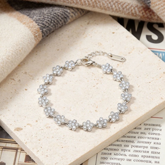 Picture of Wholesale Clear Cubic Zirconia 304 Stainless Steel Bracelets, Silver Tone Eco-friendly, Women's Exquisite Stylish Gift Jewelry Supply, 17cm(6.7") + 5cm(2") long, 1 Piece