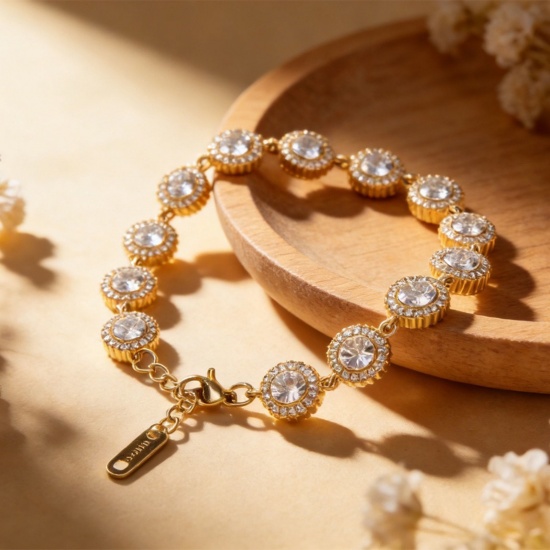 Picture of Wholesale Clear Cubic Zirconia 304 Stainless Steel Bracelets, 18K Gold Plated Eco-friendly PVD, Women's Exquisite Stylish Gift Jewelry Supply, 17cm(6.7") + 5cm(2") long, 1 Piece