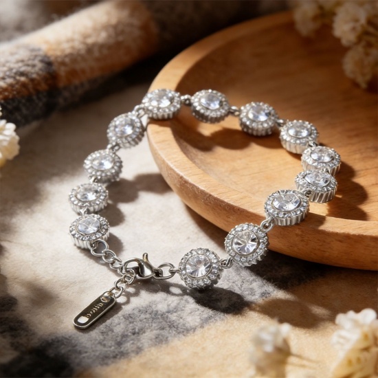 Picture of Wholesale Clear Cubic Zirconia 304 Stainless Steel Bracelets, Silver Tone Eco-friendly, Women's Exquisite Stylish Gift Jewelry Supply, 17cm(6.7") + 5cm(2") long, 1 Piece