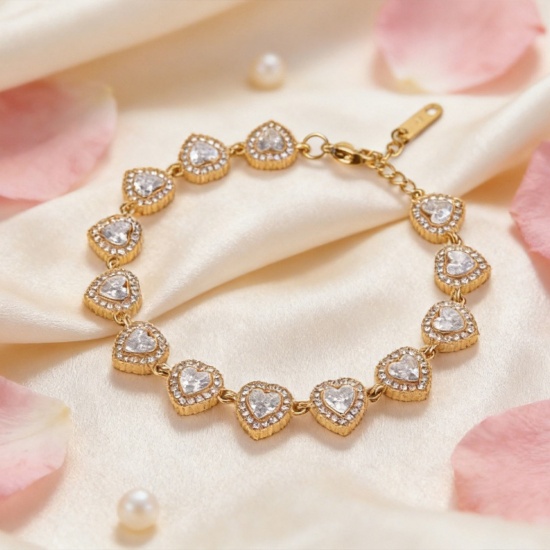 Picture of Wholesale Heart Clear Cubic Zirconia 304 Stainless Steel Bracelets, 18K Gold Plated Eco-friendly PVD, Women's Valentine's Day Stylish Gift Jewelry Supply, 17cm(6.7") + 5cm(2") long, 1 Piece