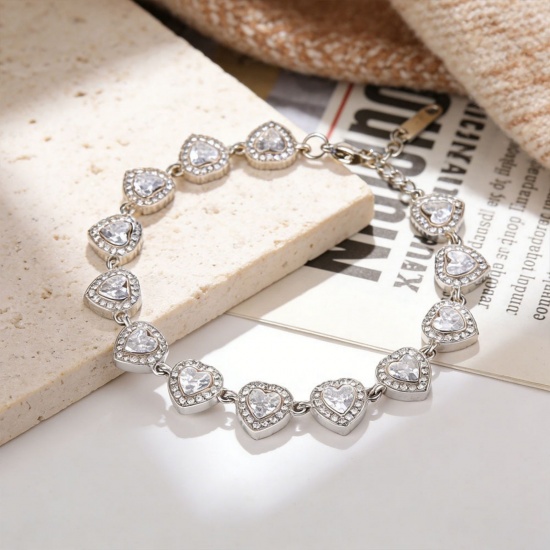 Picture of Wholesale Heart Clear Cubic Zirconia 304 Stainless Steel Bracelets, Silver Tone Eco-friendly, Women's Exquisite Stylish Gift Jewelry Supply, 17cm(6.7") + 5cm(2") long, 1 Piece