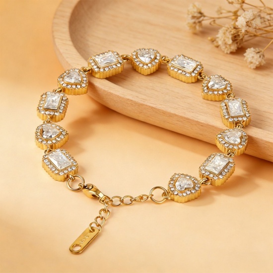 Picture of Wholesale Clear Cubic Zirconia 304 Stainless Steel Bracelets, 18K Gold Plated Eco-friendly PVD, Women's Exquisite Stylish Gift Jewelry Supply, 17cm(6.7") + 5cm(2") long, 1 Piece