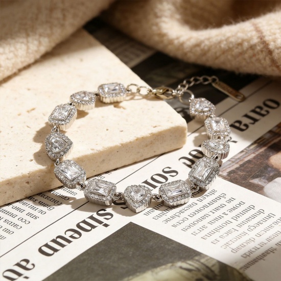 Picture of Wholesale Clear Cubic Zirconia 304 Stainless Steel Bracelets, Silver Tone Eco-friendly, Women's Exquisite Stylish Gift Jewelry Supply, 17cm(6.7") + 5cm(2") long, 1 Piece