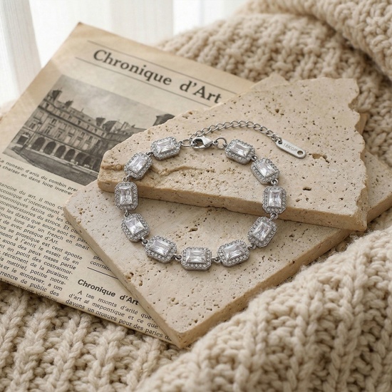 Picture of Wholesale Clear Cubic Zirconia 304 Stainless Steel Bracelets, Silver Tone Eco-friendly, Women's Exquisite Stylish Gift Jewelry Supply, 17cm(6.7") + 5cm(2") long, 1 Piece