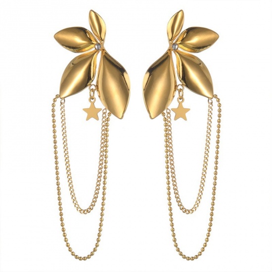 Immagine di Squisito Elegante Orecchini a Perno All'Ingrosso, Fiore Placcato Oro 18K 304 Acciaio Inossidabile, Donne PVD Ecologica Regalo Fornitura di Gioielli, 7.5cm x 2.3cm, 1 Paio
