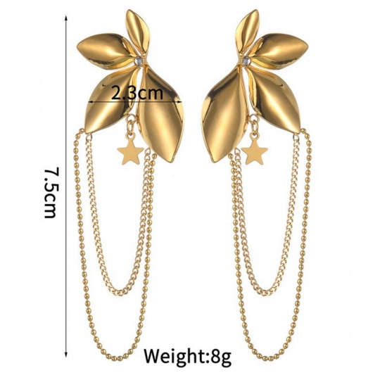 Immagine di Squisito Elegante Orecchini a Perno All'Ingrosso, Fiore Placcato Oro 18K 304 Acciaio Inossidabile, Donne PVD Ecologica Regalo Fornitura di Gioielli, 7.5cm x 2.3cm, 1 Paio