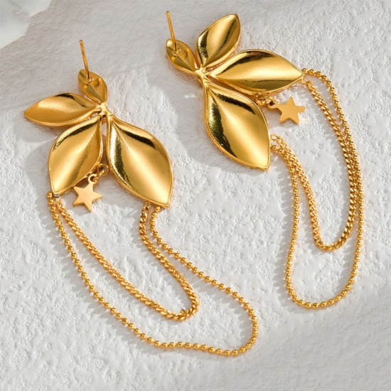 Immagine di Squisito Elegante Orecchini a Perno All'Ingrosso, Fiore Placcato Oro 18K 304 Acciaio Inossidabile, Donne PVD Ecologica Regalo Fornitura di Gioielli, 7.5cm x 2.3cm, 1 Paio