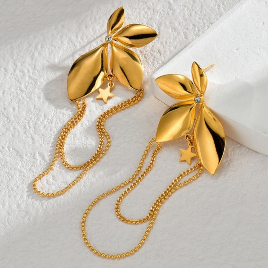 Immagine di Squisito Elegante Orecchini a Perno All'Ingrosso, Fiore Placcato Oro 18K 304 Acciaio Inossidabile, Donne PVD Ecologica Regalo Fornitura di Gioielli, 7.5cm x 2.3cm, 1 Paio