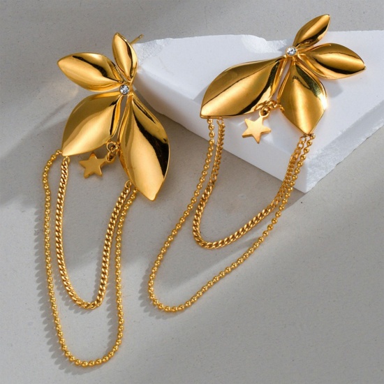 Immagine di Squisito Elegante Orecchini a Perno All'Ingrosso, Fiore Placcato Oro 18K 304 Acciaio Inossidabile, Donne PVD Ecologica Regalo Fornitura di Gioielli, 7.5cm x 2.3cm, 1 Paio