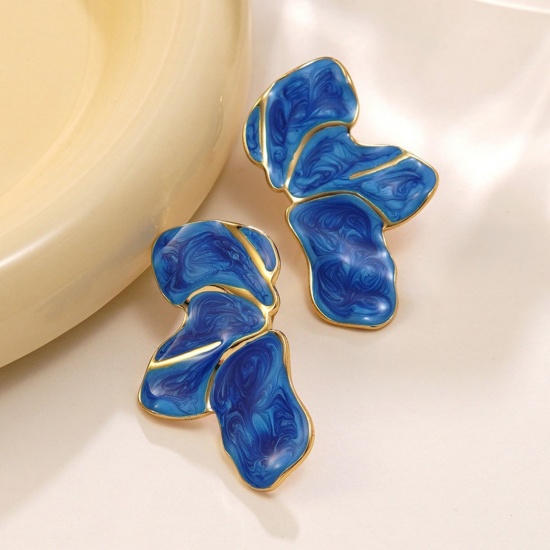 Immagine di Squisito Elegante Orecchini a Perno All'Ingrosso, Fiore Blu Smalto Placcato Oro 18K 304 Acciaio Inossidabile, Donne PVD Ecologica Regalo Fornitura di Gioielli, 4.5cm x 2.5cm, 1 Paio