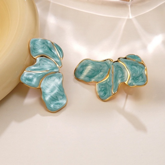Immagine di Squisito Elegante Orecchini a Perno All'Ingrosso, Petalo Blu Chiaro Smalto Placcato Oro 18K 304 Acciaio Inossidabile, Donne PVD Ecologica Regalo Fornitura di Gioielli, 4.5cm x 2.5cm, 1 Paio