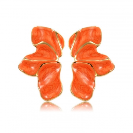 Immagine di Squisito Elegante Orecchini a Perno All'Ingrosso, Petalo Arancione Smalto Placcato Oro 18K 304 Acciaio Inossidabile, Donne PVD Ecologica Regalo Fornitura di Gioielli, 4.5cm x 2.5cm, 1 Paio