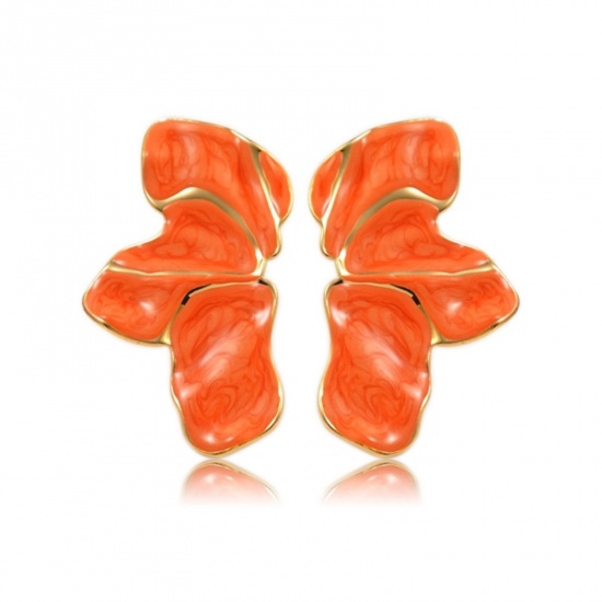 Immagine di Squisito Elegante Orecchini a Perno All'Ingrosso, Petalo Arancione Smalto Placcato Oro 18K 304 Acciaio Inossidabile, Donne PVD Ecologica Regalo Fornitura di Gioielli, 4.5cm x 2.5cm, 1 Paio