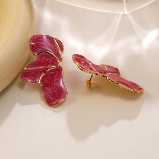 Immagine di Squisito Elegante Orecchini a Perno All'Ingrosso, Petalo Rosso Smalto Placcato Oro 18K 304 Acciaio Inossidabile, Donne PVD Ecologica Regalo Fornitura di Gioielli, 4.5cm x 2.5cm, 1 Paio