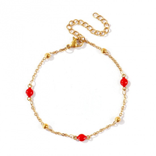 Picture of Wholesale Red Double-sided Enamel 304 Stainless Steel Link Cable Chain Station Necklace, 18K Real Gold Plated Eco-friendly PVD Waterproof Anti-Tarnish Hypoallergenic, Women's Exquisite Stylish Gift Jewelry Supply, 17cm(6.7") + 5cm(2") long, 1 Piece