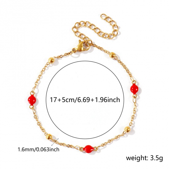 Picture of Wholesale Red Double-sided Enamel 304 Stainless Steel Link Cable Chain Station Necklace, 18K Real Gold Plated Eco-friendly PVD Waterproof Anti-Tarnish Hypoallergenic, Women's Exquisite Stylish Gift Jewelry Supply, 17cm(6.7") + 5cm(2") long, 1 Piece