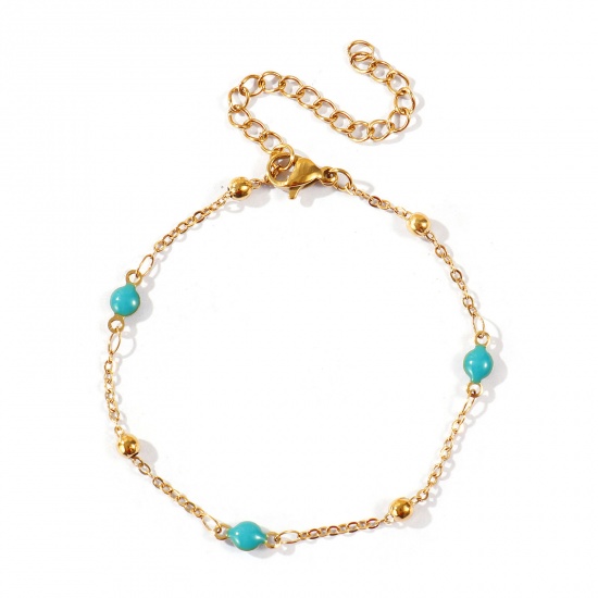 Picture of Wholesale Green Blue Double-sided Enamel 304 Stainless Steel Link Cable Chain Station Necklace, 18K Real Gold Plated Eco-friendly PVD Waterproof Anti-Tarnish Hypoallergenic, Women's Exquisite Stylish Gift Jewelry Supply, 17cm(6.7") + 5cm(2") long, 1 Piece