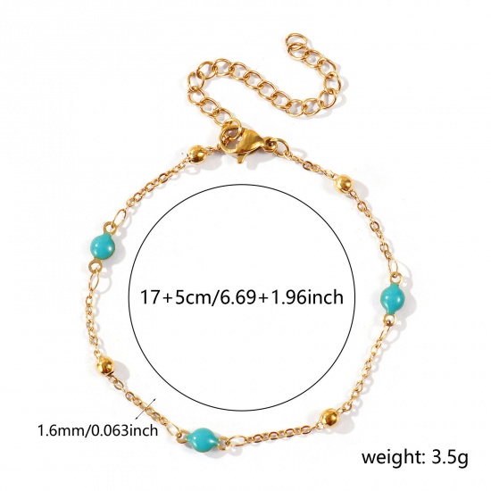 Picture of Wholesale Green Blue Double-sided Enamel 304 Stainless Steel Link Cable Chain Station Necklace, 18K Real Gold Plated Eco-friendly PVD Waterproof Anti-Tarnish Hypoallergenic, Women's Exquisite Stylish Gift Jewelry Supply, 17cm(6.7") + 5cm(2") long, 1 Piece