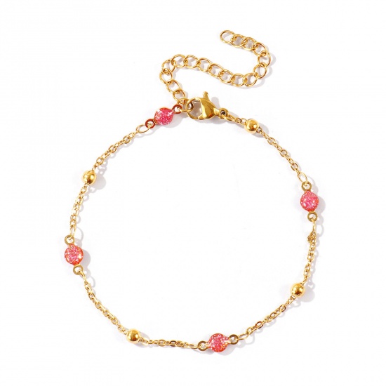 Picture of Wholesale Pink Double-sided Enamel 304 Stainless Steel Link Cable Chain Station Necklace, 18K Real Gold Plated Eco-friendly PVD Waterproof Anti-Tarnish Hypoallergenic, Women's Exquisite Stylish Gift Jewelry Supply, 17cm(6.7") + 5cm(2") long, 1 Piece