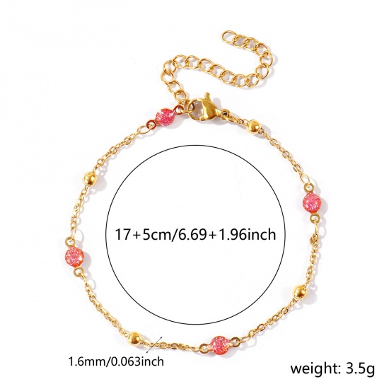 Picture of Wholesale Pink Double-sided Enamel 304 Stainless Steel Link Cable Chain Station Necklace, 18K Real Gold Plated Eco-friendly PVD Waterproof Anti-Tarnish Hypoallergenic, Women's Exquisite Stylish Gift Jewelry Supply, 17cm(6.7") + 5cm(2") long, 1 Piece