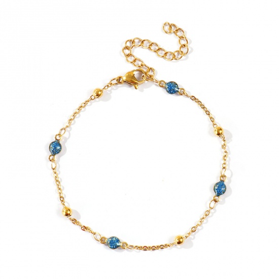 Picture of Wholesale Blue Double-sided Enamel 304 Stainless Steel Link Cable Chain Station Necklace, 18K Real Gold Plated Eco-friendly PVD Waterproof Anti-Tarnish Hypoallergenic, Women's Exquisite Stylish Gift Jewelry Supply, 17cm(6.7") + 5cm(2") long, 1 Piece