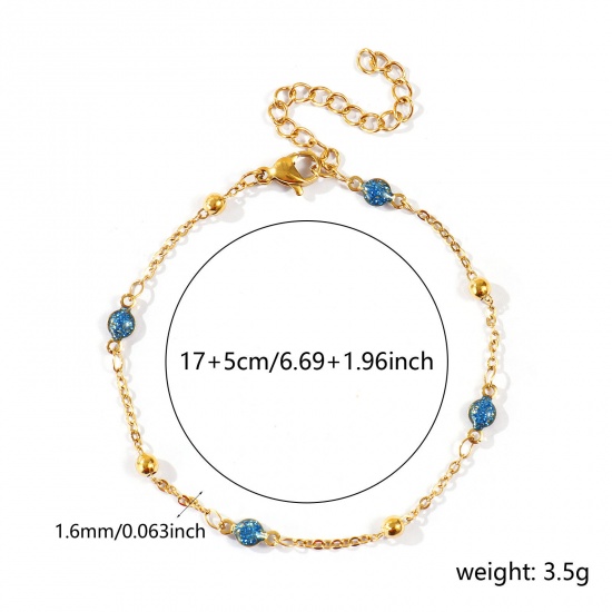 Picture of Wholesale Blue Double-sided Enamel 304 Stainless Steel Link Cable Chain Station Necklace, 18K Real Gold Plated Eco-friendly PVD Waterproof Anti-Tarnish Hypoallergenic, Women's Exquisite Stylish Gift Jewelry Supply, 17cm(6.7") + 5cm(2") long, 1 Piece