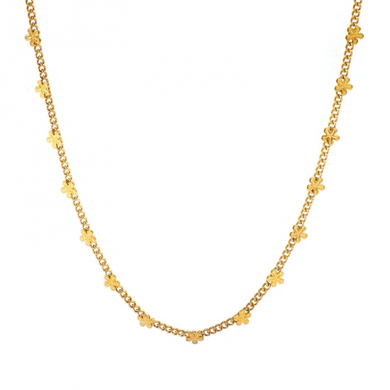Immagine di Fiore Collana All'Ingrosso, Catena a Maglia Fatta a Mano 18K Vero Oro Placcato 304 Acciaio Inossidabile, Donne PVD Ecologica Impermeabile Anti-Ossidante Ipoallergenico Squisito Elegante Regalo Gioielli Per Rivenditore, 40cm + 5cm Lunghezza, 1 Pz