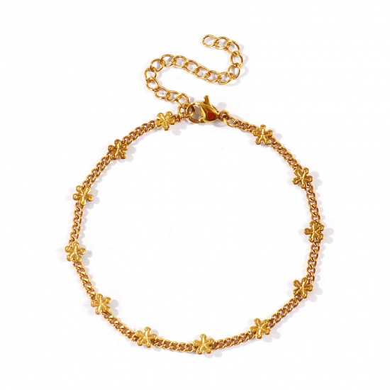 Immagine di Fiore Braccialetti All'Ingrosso, Catena a Maglia Fatta a Mano 18K Vero Oro Placcato 304 Acciaio Inossidabile, Donne PVD Ecologica Impermeabile Anti-Ossidante Ipoallergenico Squisito Elegante Regalo Gioielli Per Rivenditore, 17cm + 5cm Lunghezza, 1 Pz