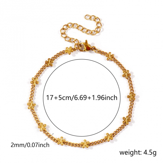 Immagine di Fiore Braccialetti All'Ingrosso, Catena a Maglia Fatta a Mano 18K Vero Oro Placcato 304 Acciaio Inossidabile, Donne PVD Ecologica Impermeabile Anti-Ossidante Ipoallergenico Squisito Elegante Regalo Gioielli Per Rivenditore, 17cm + 5cm Lunghezza, 1 Pz