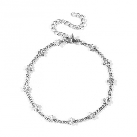 Immagine di Fiore Braccialetti All'Ingrosso, Catena a Maglia Fatta a Mano Tono Argento 304 Acciaio Inossidabile, Donne Ecologico Squisito Elegante Regalo Gioielli Per Rivenditore, 17cm + 5cm Lunghezza, 1 Pz