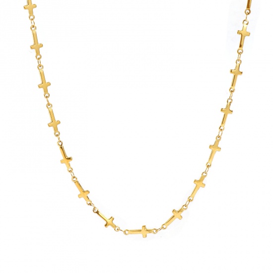 Picture of Wholesale Cross Handmade Link Chain Necklace, 18K Real Gold Plated 304 Stainless Steel, Women's Eco-friendly PVD Waterproof Anti-Tarnish Hypoallergenic Religious Stylish Gift Jewelry For Retailer, 40cm(15.7") + 5cm(2") long, Chain Size: 5mm, 1 Piece