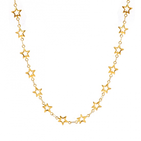 Picture of Wholesale Pentagram Star Hollow Handmade Link Chain Necklace, 18K Real Gold Plated 304 Stainless Steel, Women's Eco-friendly PVD Waterproof Anti-Tarnish Hypoallergenic Exquisite Stylish Gift Jewelry For Retailer, 40cm(15.7") + 5cm(2") long, Chain Size: 8mm, 1 Piece