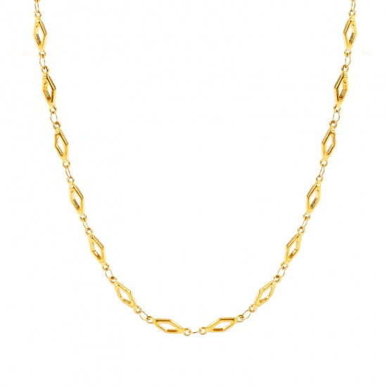 Picture of Wholesale Rhombus Hollow Handmade Link Chain Necklace, 18K Real Gold Plated 304 Stainless Steel, Women's Eco-friendly PVD Waterproof Anti-Tarnish Hypoallergenic Exquisite Stylish Gift Jewelry For Retailer, 40cm(15.7") + 5cm(2") long, Chain Size: 4mm, 1 Piece