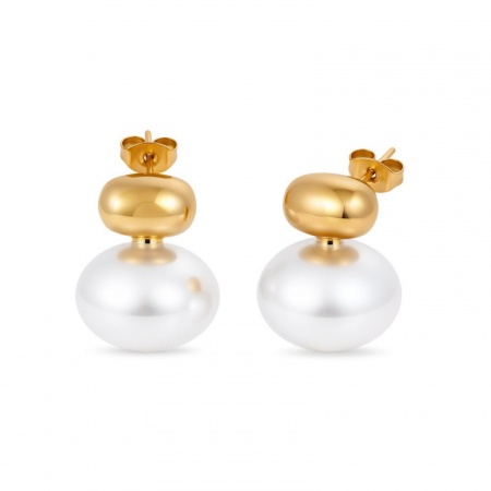 Immagine di Squisito Elegante Orecchini a Perno All'Ingrosso, Bianco Perla Imitato Acrilico Placcato Oro 18K 304 Acciaio Inossidabile, Donne Ecologico Regalo Fornitura di Gioielli, 19.5mm x 16mm, 1 Paio