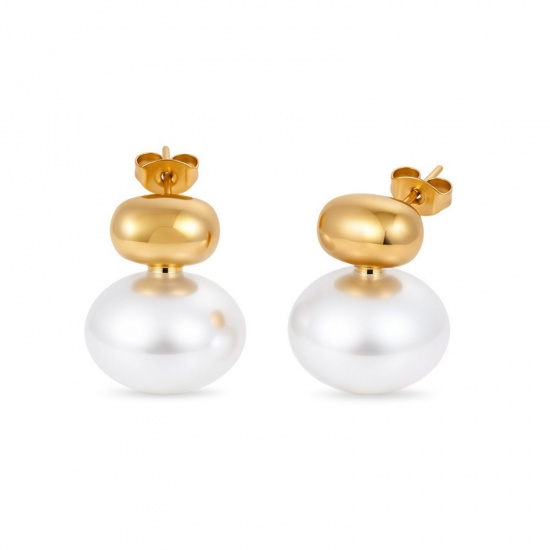Immagine di Squisito Elegante Orecchini a Perno All'Ingrosso, Bianco Perla Imitato Acrilico Placcato Oro 18K 304 Acciaio Inossidabile, Donne Ecologico Regalo Fornitura di Gioielli, 19.5mm x 16mm, 1 Paio