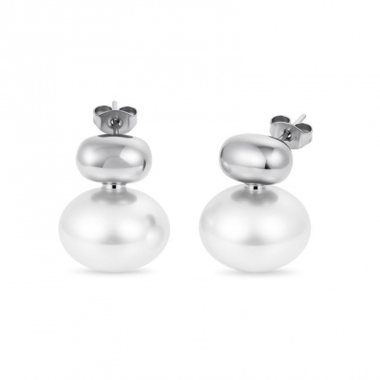 Immagine di Squisito Elegante Orecchini a Perno All'Ingrosso, Bianco Perla Imitato Acrilico Tono Argento 304 Acciaio Inossidabile, Donne Ecologico Regalo Fornitura di Gioielli, 19.5mm x 16mm, 1 Paio