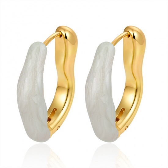 Immagine di Elegante Retrò Orecchini Circolari All'Ingrosso, Irregolare Bianco Smalto Placcato Oro 18K 304 Acciaio Inossidabile, Donne Ecologico Regalo Fornitura di Gioielli, 25.5mm x 21mm, 1 Paio