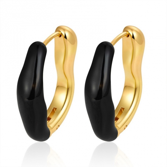 Immagine di Elegante Retrò Orecchini Circolari All'Ingrosso, Irregolare Nero Smalto Placcato Oro 18K 304 Acciaio Inossidabile, Donne Ecologico Regalo Fornitura di Gioielli, 25.5mm x 21mm, 1 Paio