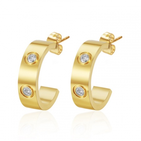 Immagine di Squisito Elegante Orecchini Ad Anello Abbraccio All'Ingrosso, Forma di C Trasparente Strass Placcato Oro 18K 304 Acciaio Inossidabile, Donne Ecologico Regalo Fornitura di Gioielli, 20mm x 5.7mm, 1 Paio