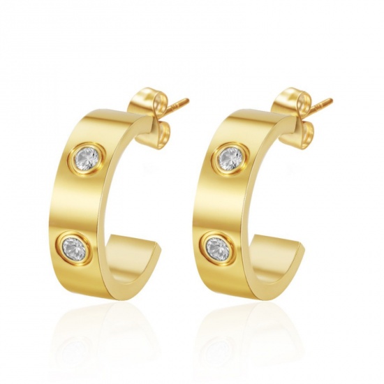 Immagine di Squisito Elegante Orecchini Ad Anello Abbraccio All'Ingrosso, Forma di C Trasparente Strass Placcato Oro 18K 304 Acciaio Inossidabile, Donne Ecologico Regalo Fornitura di Gioielli, 20mm x 5.7mm, 1 Paio
